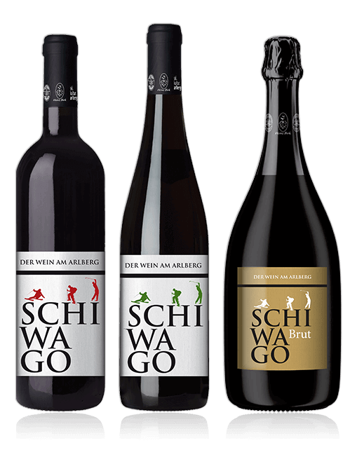 SCHIWAGO Weinflaschen - Roter Cuvee, Grüner Veltliner und Schiwago Brut.